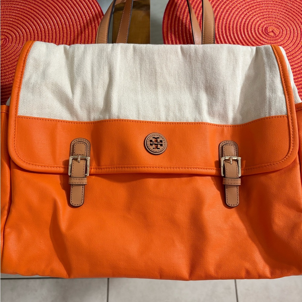 Tory Burch Orange and Cream Tote with Classic Design